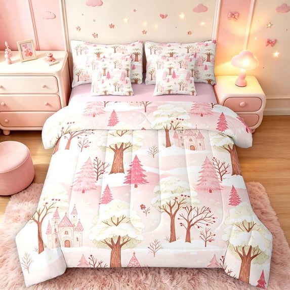 Manfei Christmas Tree Castle 7-Piece King Bedding,Traditional Festive King Bed in a Bag,Light Pink,Pink Reversible