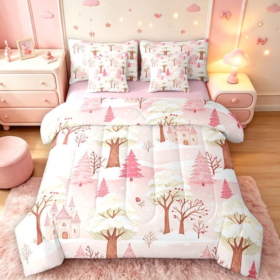 Manfei Christmas Tree Castle 7 Pieces Full Size Bedding Sets,Traditional Festive Full Size Bed in a Bag,Light Pink,Pink Reversible