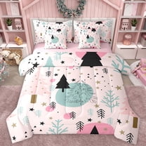 Manfei Christmas Tree Child Twin Bedding Sets 7-Piece, Chic Stripes Abstract Bedding Comforter Set, Kawaii Pink Cartoon Reversible Sheet Sets, Ultra Soft Bedroom Decor