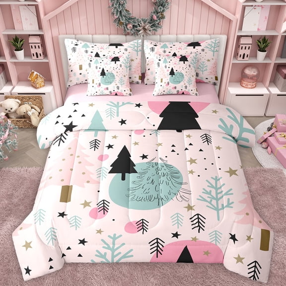 Manfei Christmas Tree Child Twin Bedding Sets 7-Piece, Chic Stripes Abstract Bedding Comforter Set, Kawaii Pink Cartoon Reversible Sheet Sets, Ultra Soft Bedroom Decor