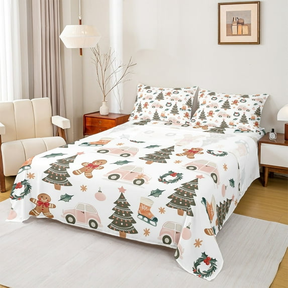 Manfei Christmas Tree Child Twin Sheet Sets, Kawaii Gingerbread Man Twin Fitted Sheet, Cartoon Truck Car Flat Sheet, Microfiber Bedroom Decor, 3pcs
