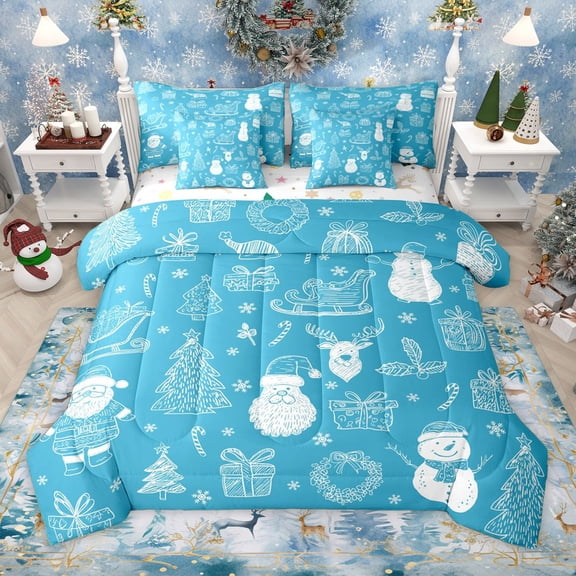 Manfei Christmas Tree Deer 7 Pieces Bedding Comforter Set for Preppy Children Kids,Kawaii Santa Claus Full Bedding Set Lightweight,Xmas Winter Snowman Fitted Sheet Flat Sheet