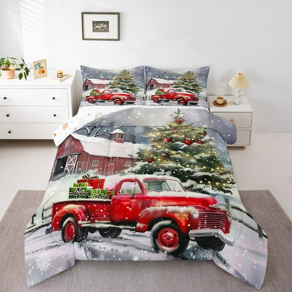 Manfei Christmas Tree Full Size Comforter Sets, Rustic Farmhouse Cabin Bedding Comforter Set, Winter Xmas Gifts Reversible Bedding Sets, Microfiber Bedroom Decor, 3 Pieces