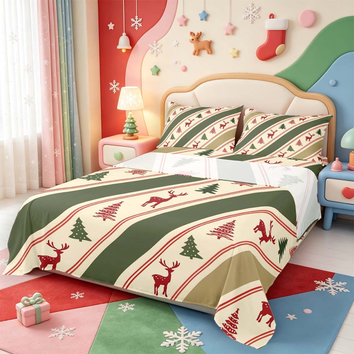Manfei Christmas Tree Queen Sheets,Reindeer Design Queen Sheet Sets,1 ...