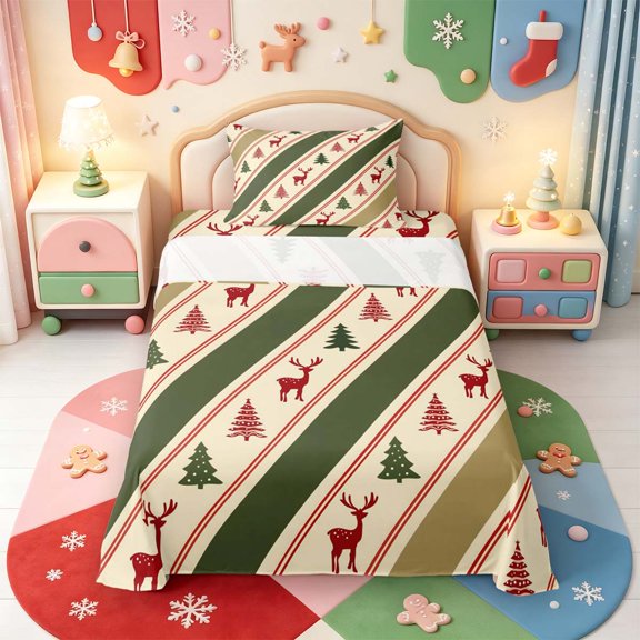 Manfei Christmas Tree Twin Sheets,Reindeer Design Bedding,1 Flat Sheet,1 Fitted Sheet and 1 Pillowcase