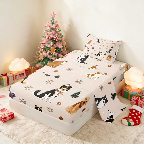 Manfei Christmas Twin Sheets Pet Bedding 3 Pieces (1 Flat Sheet, 1 Fitted Sheet and 1 Pillowcase)