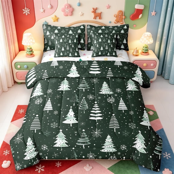 Manfei Christmas Winter Holiday 7-Piece Twin Bedding,Farmhouse Santa Claus Bedding Comforter Set,Xmas Reversible