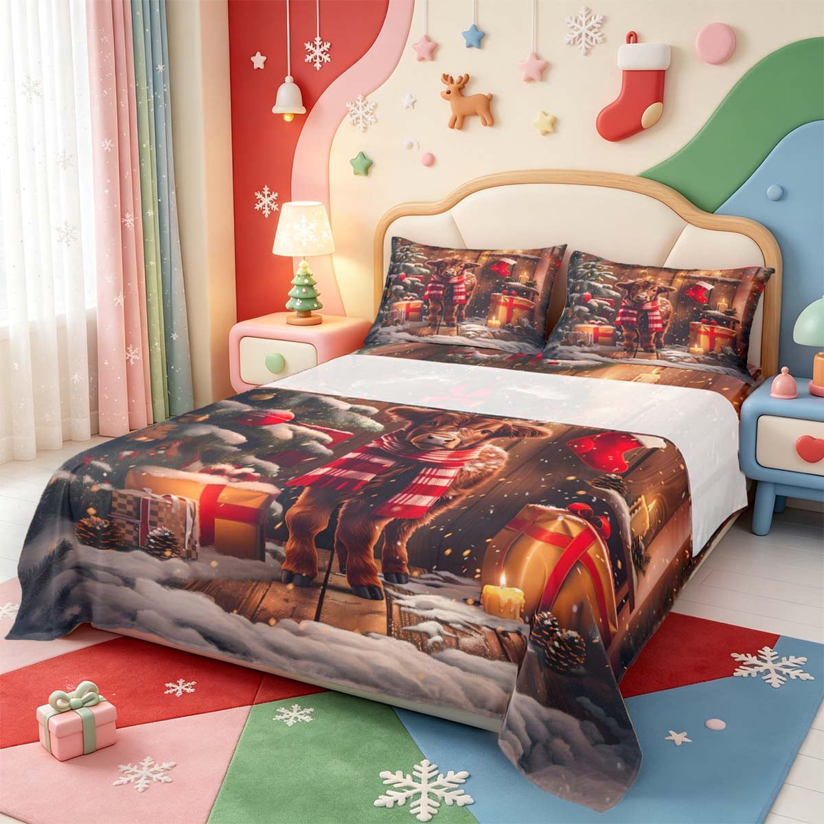 Manfei Christmas Wrapped Present Queen Sheets,Cow Design Queen Sheet ...