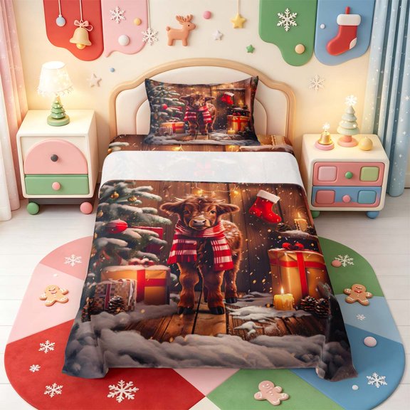 Manfei Christmas Wrapped Present Twin Sheets,Cow Design Bedding,1 Flat Sheet,1 Fitted Sheet and 1 Pillowcase