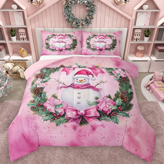 Manfei Christmas Wreath Flower Bedding Comforter Set,Cartoon Xmas Snowman Twin Comforter Sets,Pink Bow Knot Bedding Set For Girls Kids,Breathable Home Decor Reversible,2 Pieces