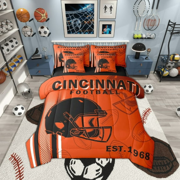 Manfei Cincinnati Bedding Comforter Set 7-Piece,Rugby Sports King Bedding Sets,American Football Bed Sheets For Boy Teens,Breathable Room Decorative,Reversible