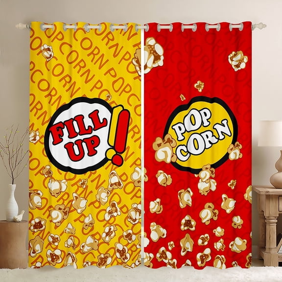 Manfei Cinema Popcorn Curtains Pack of 2 (42x84 Each),Movie Time Curtains Blackout,Yellow Red Bedroom Curtains For Girl,Microfiber Bedroom Decor