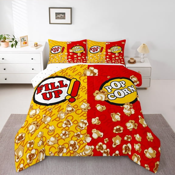Manfei Cinema Popcorn Queen Comforter Set,Movie Time Bedding Sets,Yellow Red Bedding Comforter Set For Girl,Microfiber Bedroom Decor Reversible,3 Pieces
