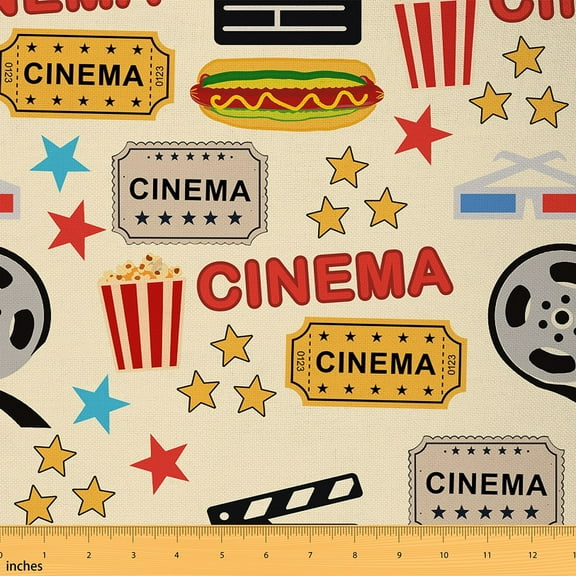 Manfei Cinema Print Fabric by the Yard (1 Yard), Hamburger Sausage Popcorn Decorative Fabric by the Yard, Colorful Stars Sewing & Crafting Fabric