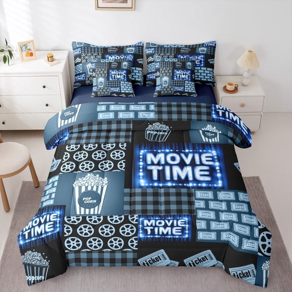 Manfei Cinema Ticket 7-Piece Twin Bedding Sets,Movie Time Bedding Comforter Set,Blue Popcorn Grid Sheet Sets For Child,Breathable Home Decor Reversible
