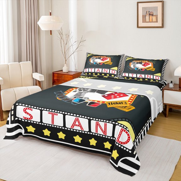 Manfei Cinema Ticket Queen Sheet Sets,Movie Time Flat Sheet,Yellow Stars Queen Fitted Sheet For Child,Breathable Home Decor,4 Pieces