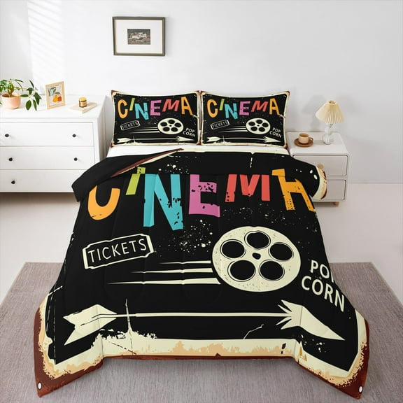 Manfei Cinema Tickets Bedding Comforter Set,Movie Time Twin Comforter Sets,Nlack Beige Bedding Set For Child,Breathable Home Decor Reversible,2 Pieces