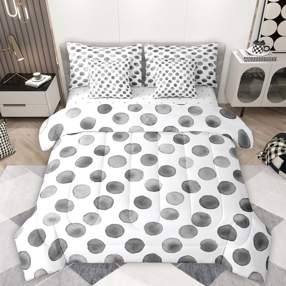 Manfei Circle Ciecular Pattern 7-Piece Bedding Comforter Set,Ink Polka Dot King Bedding Sets,White Gray Bed Sheets For Teens,Ultra Soft Home Decor Reversible