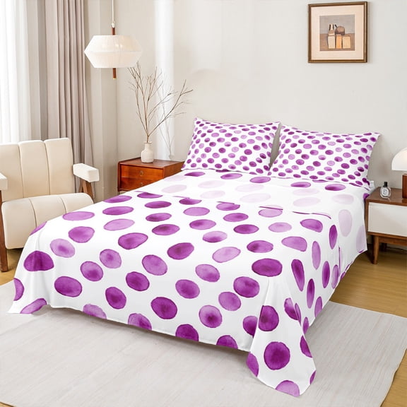 Manfei Circle Ciecular Pattern Full Size Sheets,Ink Polka Dot Bed Sheets,White Purple Sheet Sets For Teens,Ultra Soft Home Decor,4pcs