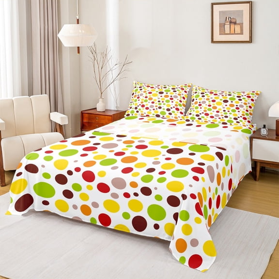 Manfei Circle Ciecular Pattern Queen Sheet Sets,Ink Polka Dot Flat Sheet,Colorful Geometric Queen Fitted Sheet For Teens,Ultra Soft Home Decor,4-Piece