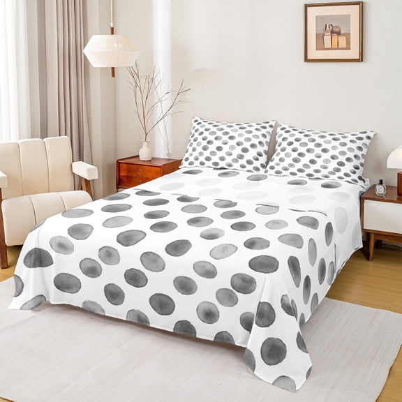 Manfei Circle Ciecular Pattern Twin Sheet Sets,Ink Polka Dot Twin Fitted Sheet,White Gray Flat Sheet For Teens,Ultra Soft Home Decor,3-Piece