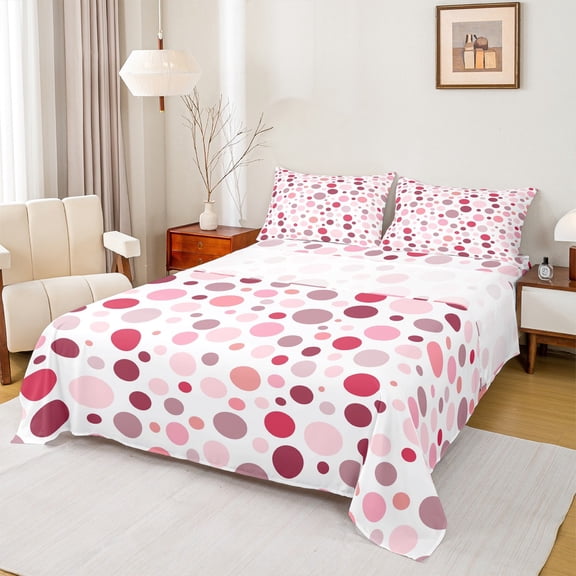 Manfei Circle Ciecular Pattern Twin Sheet Sets,Ink Polka Dot Twin Fitted Sheet,White Pink Flat Sheet For Teens,Ultra Soft Home Decor,3pcs