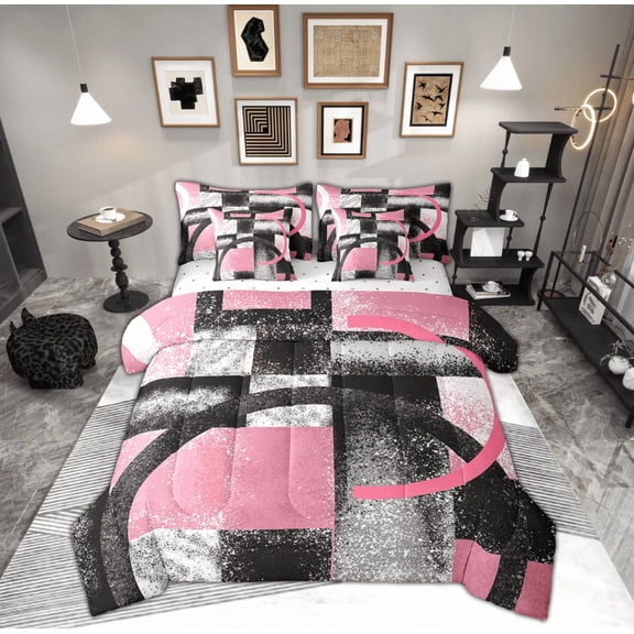 Manfei Circle Geometric Bedding Sets Twin Size, Grey Pink Bed in a Bag Twin size, Abstract Stripes Reversible Comforter Sets with Sheets, Ultra Soft Bedroom Decorative, 7pcs