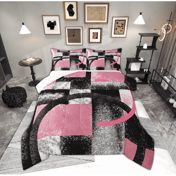 Manfei Circle Geometric Comforter Sets Queen Size, Grey Pink Comforters & Duvets, Abstract Stripes Reversible Bedding Queen Comforter Set, Ultra Soft Bedroom Decorative, 3pcs