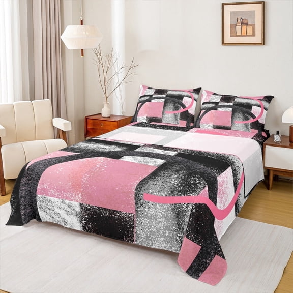 Manfei Circle Geometric Twin Sheet Sets, Grey Pink Sheet Set Twin, Abstract Stripes Bed Sheets Set Twin Size, Ultra Soft Bedroom Decorative, 3pcs