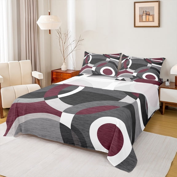 Manfei Circular Dots Full Size Sheets,Modern Geometric Bed Sheets,Red Gray Sheet Sets For Boys Girls,Breathable Home Decor,4-Piece