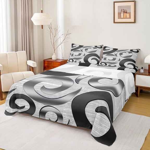 Manfei Circular Dots Queen Sheet Sets,Modern Geometric Flat Sheet,Gray Black Queen Fitted Sheet For Boys Girls,Breathable Home Decor,4-Piece