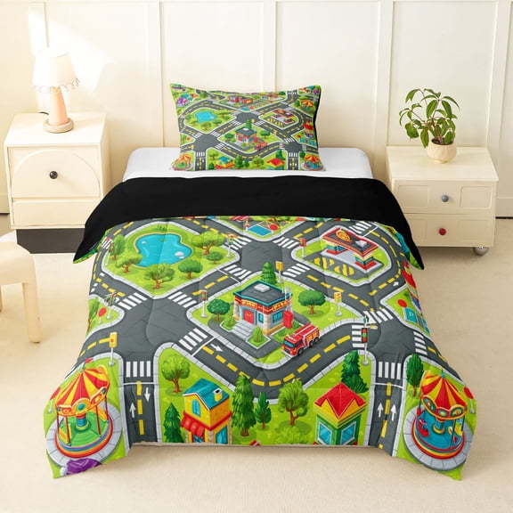 Manfei City Roads Twin Comforter Sets,Green Trees Pattern Bedding Set,Gray,Black Reversible,2pcs,1 Comforter and 1 Pillowcase