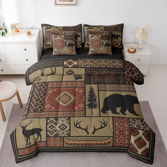 Manfei Classic Aztec 7 Pieces Full Size Bedding Sets,Jungle Deer Bear Full Size Bed in a Bag,Brown,Black Reversible