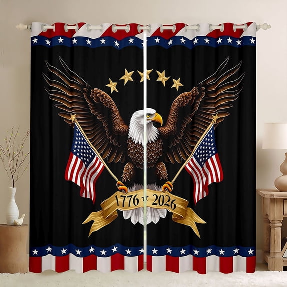 Manfei Classic Bald Eagle Kitchen Curtains,Grunge Usa Flag Black Out Curtains Pack of 2 (42x63 Each),Black