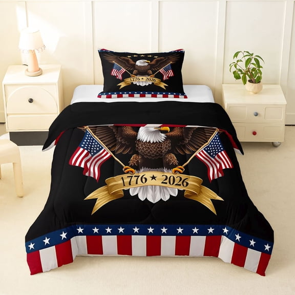 Manfei Classic Bald Eagle Twin Comforter Sets,Grunge Usa Flag Bedding Set,Black,Black Reversible,2 Pieces,1 Comforter and 1 Pillowcase