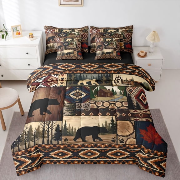 Manfei Classic Bear Print 7-Piece Twin Bedding,Vintage Animals Bedding Comforter Set,Brown,Black Reversible