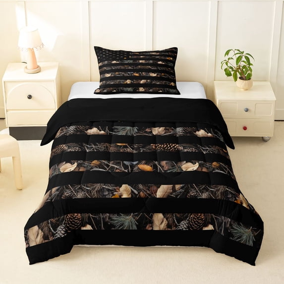 Manfei Classic Camouflage Flag Twin Comforter Sets,Vintage Pine Leaf Bedding Set,Brown Black,Black Reversible,2 Pieces,1 Comforter and 1 Pillowcase