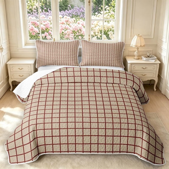 Manfei Classic Checkered Quilt King,Rustic Plaid King Coverlet Set,Beige Red,3 Pieces,1 Bedspread and 2 Pillowcases