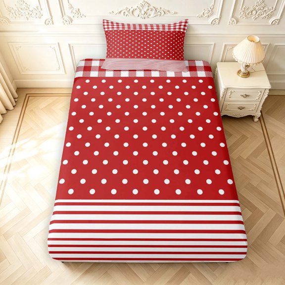 Manfei Classic Checkered Twin Fitted Sheet,Minimalist Polka Dot Bedding,Red,2 Pieces,1 Fitted Sheet and 1 Pillowcase