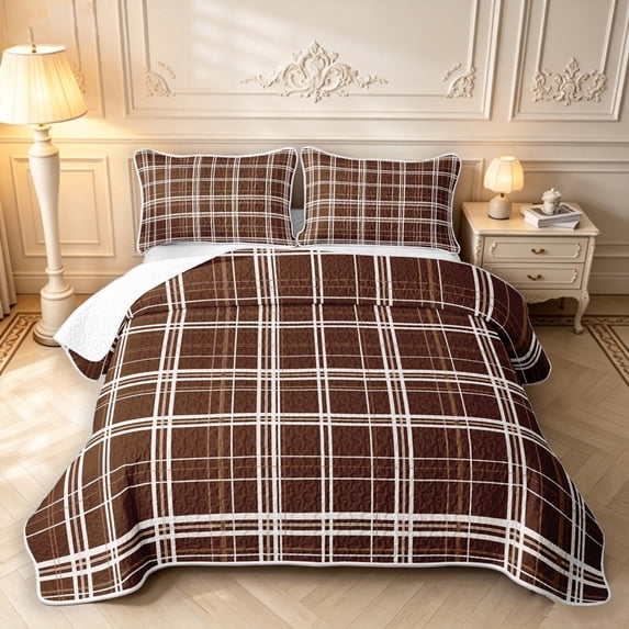 Manfei Classic Checkered Twin Quilt Set,Rustic Plaid Twin Coverlet Set,Brown White,2 Pieces,1 Bedspread and 1 Pillowcase