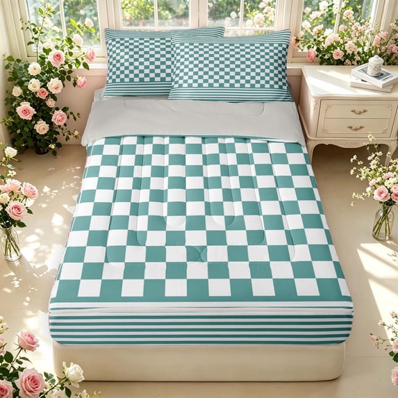 Manfei Classic Checkered Zipper Full Size Comforter Sets with Fitted Sheet and 2 Pillowcases,Retro Stripes Zipper Bedding Set,Teal Green,Light Gray Reversible,4pcs
