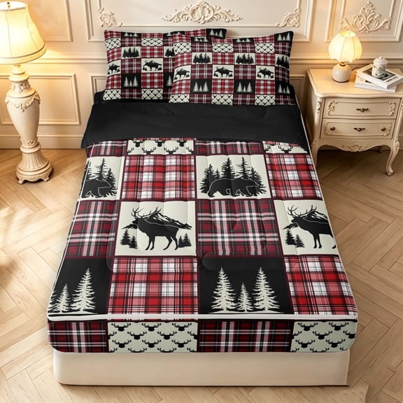 Manfei Classic Checkered Zipper Queen Comforter Set with Fitted Sheet and 2 Pillowcases,Woodsy Forest Zipper Bedding Set,Red Black Beige,Black Reversible,4pcs