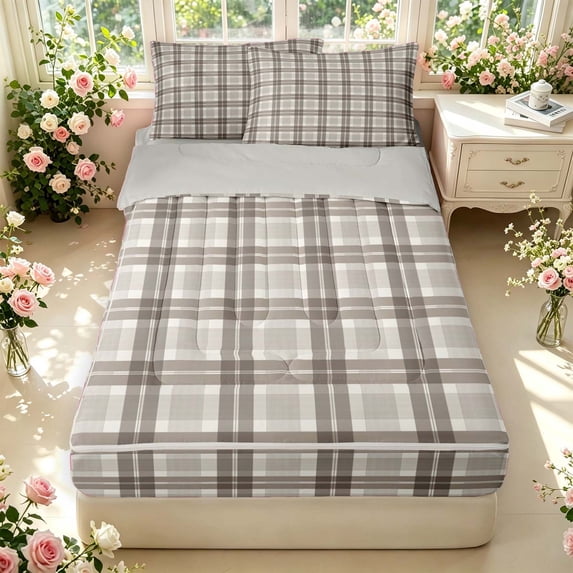 Manfei Classic Checkered Zipper Twin Comforter Sets with Fitted Sheet and 2 Pillowcases,Rustic Plaid Zipper Bedding Set,Beige Brown Gray,Light Gray Reversible,4pcs