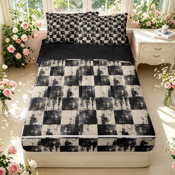 Manfei Classic Checkered Zipper Twin Comforter Sets with Fitted Sheet and 2 Pillowcases,Rustic Plaid Zipper Bedding Set,Beige White,Black Reversible,4pcs