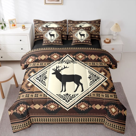 Manfei Classic Deer Grid 7-Piece Twin Bedding,Brown Check Pine Bedding Comforter Set,Black Reversible