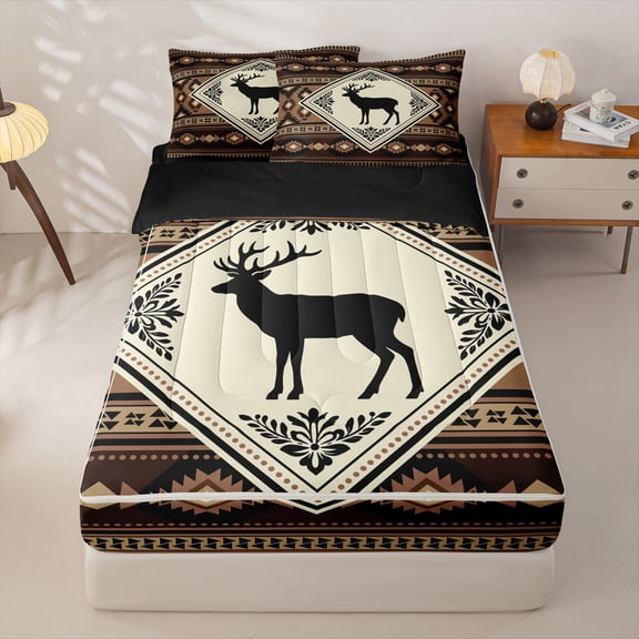 Manfei Classic Deer Grid Zipper Twin Comforter Sets with Fitted Sheet and 2 Pillowcases,Brown Check Pine Zipper Bedding Set,Black Reversible,4pcs