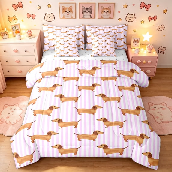 Manfei Classic Dog Dachshund King Bedding, Vertical Stripe King Bed in a Bag, Pink White, Reversible, 7pcs