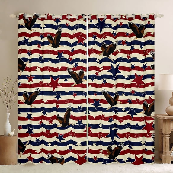 Manfei Classic Eagle Kitchen Curtains, Striped Star Black Out Curtains Pack of 2 (42x63 Each), Red White Blue