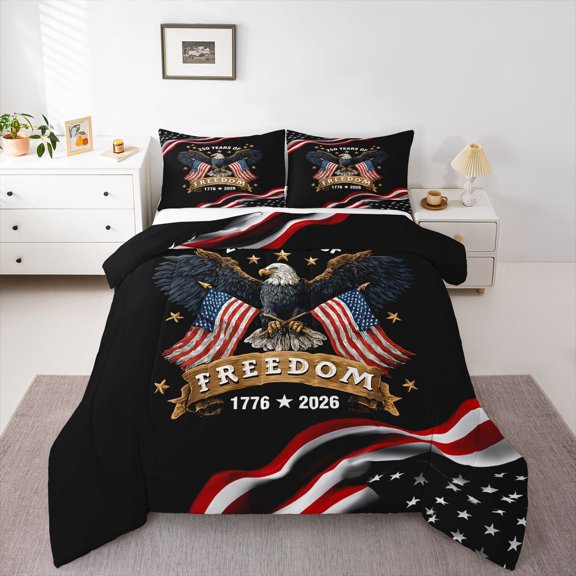 Manfei Classic Eagle Queen Comforter Set,Retro Flag Comforter Sets Queen,Black Red,Black Reversible,3pcs,1 Comforter and 2 Pillowcases