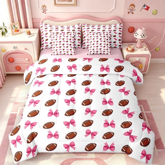 Manfei Classic Fashion Bowknot 7 Pieces Full Size Bedding Sets,American Rugby Print Full Size Bed in a Bag,Pink Reversible